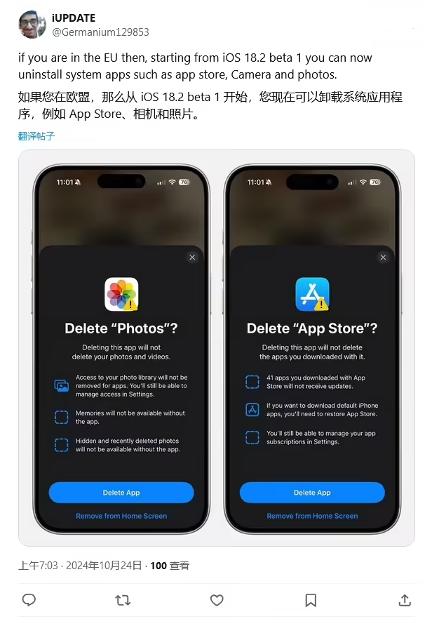 陵水苹果手机维修分享iOS 18.2 支持删除 App Store 应用商店 